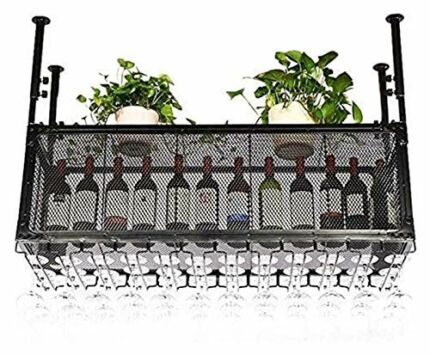 SUCHETA Hanging Wine Rack with Glass Holder and Shelf, Wine Lovers Bar Furniture& Wine Holder Vintage Style Ceiling Wine Racks/Metal Iron Adjusta