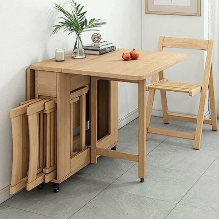 Shykey Extendable Dining Table Set, Wooden Drop Leaf Table With 4 Dining Chairs, Folding Dining Table for Kitchen Restaurant Dining Room Living R