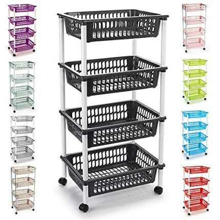 Plastic Storage Trolley Unit with Wheels Utility Kitchen Cart Vegetable Rack Fruit Basket Corner Shelf for Kitchen Bedroom Bathroom Living Room O