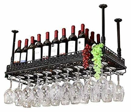 SUCHETA Hanging Wine Rack with Glass Holder and Shelf, Wine lovers Bar furniture& Retro Metal Ceiling Wine Racks Storage Holder Wine Goblet Stemw