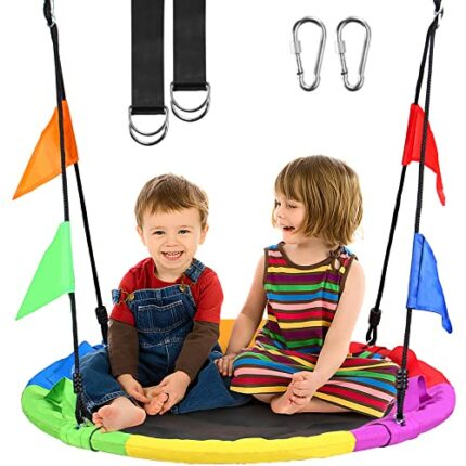 Display4top 100cm Tree Nest Swing, Indoor Outdoor Round Swing, Kids Tree Park Backyard Swing with Steel Frame and Adjustable Rope, 150kg Load Cap