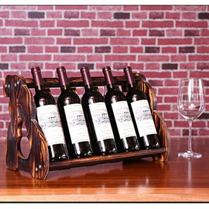 Countertop Triangle Shape Bamboo Wood Wine Rack - Table Top Wine Bottle Storage Slots for 5 Bottles 5 Wine Glass Rack Hanging Cup Holder -Free St