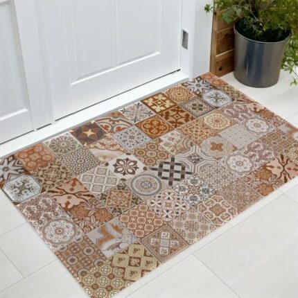 Giidlery Vintage Geometric Floral Door Mat, Non-Slip Front Door Mat Machine Washable Retro Rustic Decorative Entrance Rug (50x80cm, Khaki)