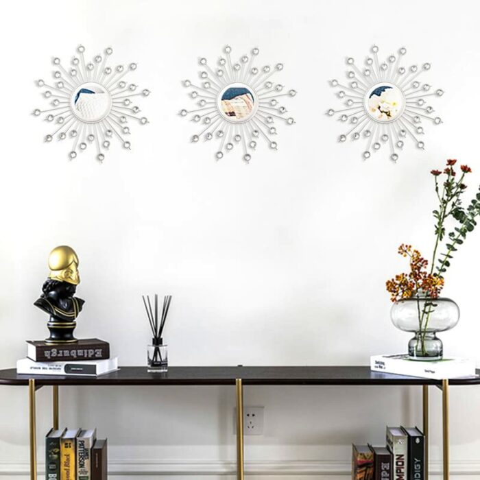 3 Pack Acrylic Burst Wall Mirror Metal Faux Diamonds Mirrors Bling Home Decorative Hanging Wall Art for Living Room Bedroom-Sliver