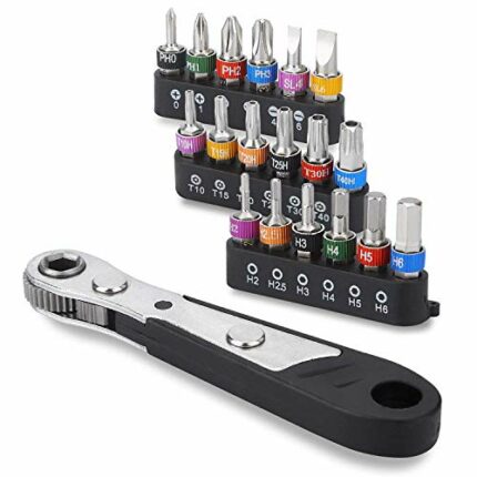 DerBlue 19pcs S2 Micro Ratchet Wrench Screwdriver Bit Set with Phillips,Slotted,Hexagon and Torx 1/4" Drive Size,Reversible Drive Handle and Mult