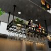 Ceiling Mounted Wine Bottle Holder Hanging Single Layer Industrial Hanging Wine Glass Holder Adjustable Height Home Ceiling Decoration Shelf for