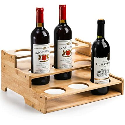 Bekith 3 Tier Bamboo Bottle Holder Stand, Tabletop Wine Display Riser 9 Bottles, Countertop Bottle Rack for Kitchen, Pantry, Bar, Cellar, Cabinet