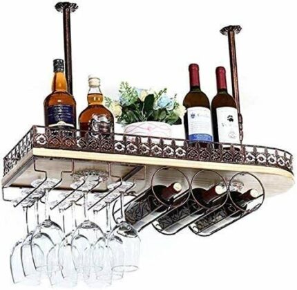 SUCHETA Hanging Wine Rack with Glass Holder and Shelf, Wine Holder Ceiling Hanging Mounted Solid Wood Wine Rack Wine Glass Metal Hanging Rack and
