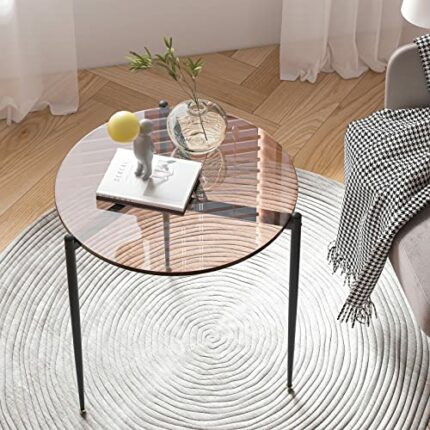 Round Side Table Tempered Glass: Modern Minimalist End Tables Circle Shaped Diameter 50 cm Nightstands High Gloss Brown Tinted Tempered Glass Top