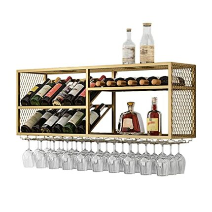KEppd 2-Tier Floating Shelves Wall-Mounted Wine Rack, Bottles and Glass Holder, Metal Wine Storage Rack Organizer, Wine Display Shelf for Home Ki