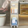 9''W Small Bathroom Storage Cabinet, 4 Tier Narrow Bathroom Floor Cabinet Large Capacity with Plastic Drawers and Casters Slim Toilet Paper Stora