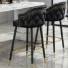 26 Inch High Leather Barstools Set of 2 Kitchen Island Bar Chairs Counter Height Upholstered with Nailheads and Gold Tipped Black Metal Legs, Lei