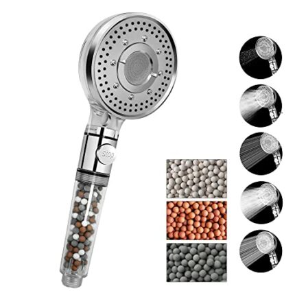 Stone Filter Shower Head, Water Saving Shower Head, 5 Spray Modes Handheld Shower Heads with Stop Switch