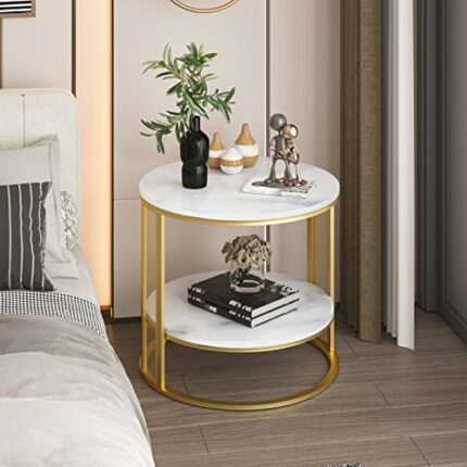 FATIVO Marble Top Side Table Gold: 2 Tier Round Shape Small Coffee Table 55 x 51.2cm Sintered Stone Bedsides with Metal Golden Legs Minimalist De