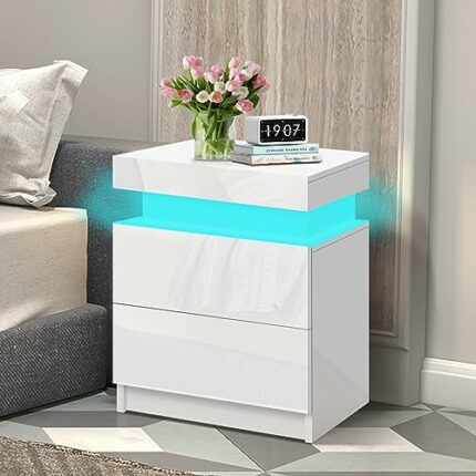 ELFORDSON LED Bedside Table 4 Sides High Gloss Wooden Nightstand Cabinet with 16 Colours LED light 2-Drawer Home Storage Organiser for Bedroom Li
