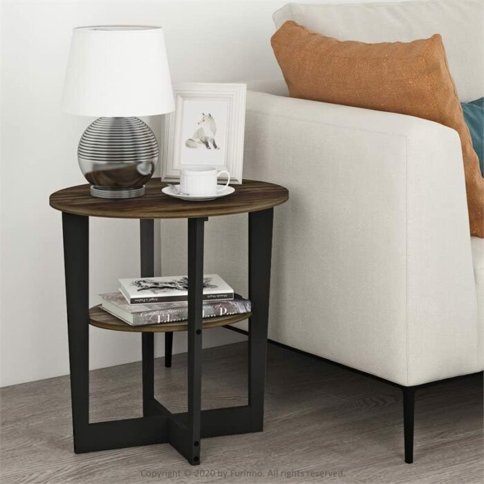 Furinno Oval End, Side Table, Nightstand, Engineered Wood, Columbia Walnut/Black, 2-Pack