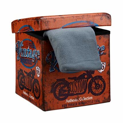 Relaxdays "Vintage Cube Folding Seat Box Ottoman with Trendy Motifs and Removable Lid, Faux Leather, Multi-Colour, 38 cm