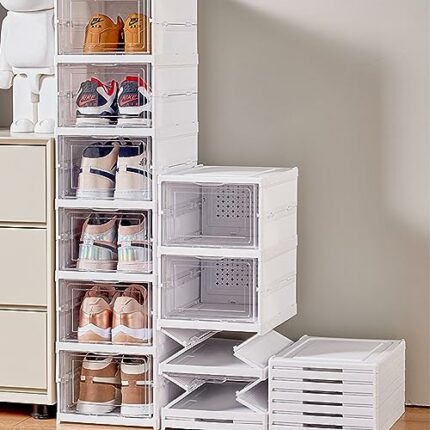 Tuzsocr Set of 6 Clear Shoe Boxes, Shoe Organiser, Installation Free, Stackable Transparent Plastic Shoe Box with Lid for Ladies/Men 34 X 25 X 16