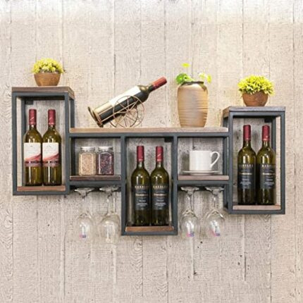 EMISOO Iron Wood Combined Wine Racks Wall Mount, Wall Unit Storage Organizer Shelf, Vintage Wine Bottle Holder Wine Goblet Stemware Holder for Ki