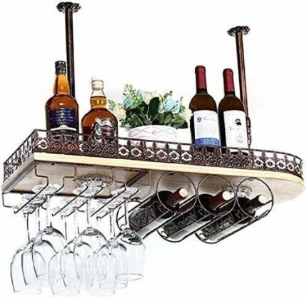 SUCHETA Hanging Wine Rack with Glass Holder and Shelf, Wine Holder Ceiling Hanging Mounted Solid Wood Wine Rack Wine Glass Metal Hanging Rack and