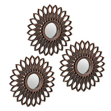 Relaxdays Set of 3 Mirrors, Floral Decor, Ø 25 cm, Round, Wall Mounted, Plastic Frame, Bedroom & Hallway, Bronze/Black, Glass