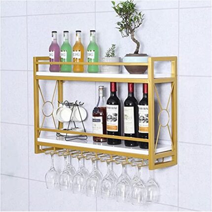 EMISOO Wine Rack Wall Mounted, Wine Bottle Stemware Glass Rack Wall Mounted, Metal Hanging Wine Holder, Home Decor Wall Shelf, Black/White/Gold