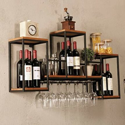 Vintage Wall Hanging Wine Rack with Glass Holder and Bottle Shelf, Industrial Wall Mounted Wine Glass Rack, Stemware Goblet Holder Upside Down -