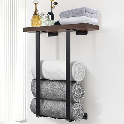 Bathroom Towel Rack with Wooden Shelf,Wall Mounted Metal Towel Holder Towel Storage Rack for Folding Large/Small Towels,Towel Racks for Bathroom,