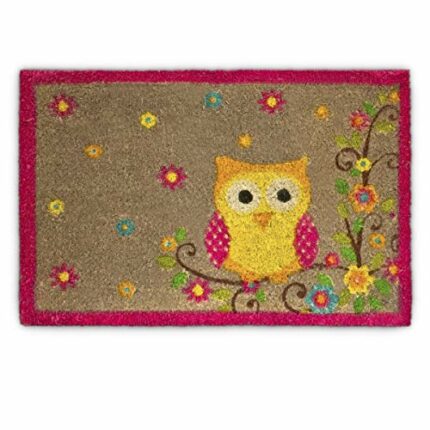 Relaxdays Coconut Fibre Coir Doormat with OWL and Flower Design 40 x 60 cm Welcome Mat with Anti-Slip Rubber PVC Underside, Brown