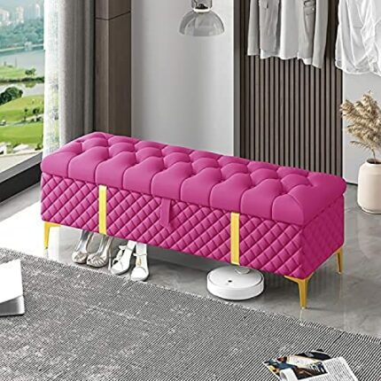 Storage Ottoman Bench,Luxurious Storage Bench End Of Bed Bench,Leather Upholstered Bench With Storage,Pink,80X40X45Cm(31X16X18Inch)
