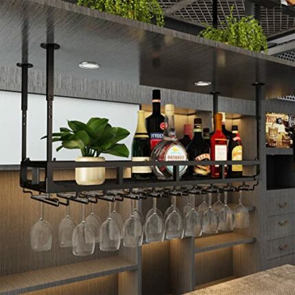 EYLINK Black Wine Rack Bar Restaurant Wine Bottle Racks Ceiling Wall-Mounted Storage Shelf With Hanging Stemware Champagne Glasses Holder Metal V