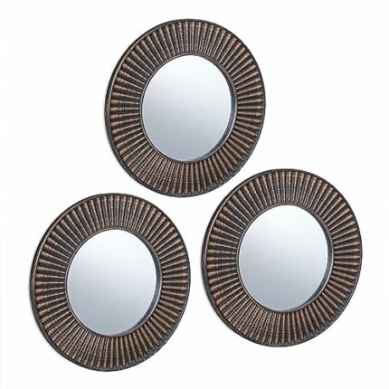 Relaxdays Set of 3 Sun Mirrors, Round, Decorative, Ø 25 cm, Wall Mounted, Plastic Frame, Lounge & Hallway, Gold/Black, Glass