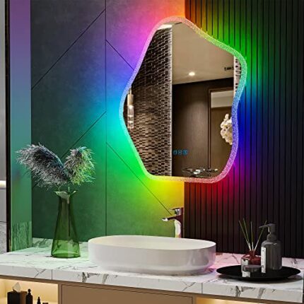 Lvifur RGB Anti-Fog Bathroom Mirror, LED Irregular Backlit Vanity Mirror with 7 Colors Dimmable,Adjustable Brightness,Momery Function,Wall Mounte