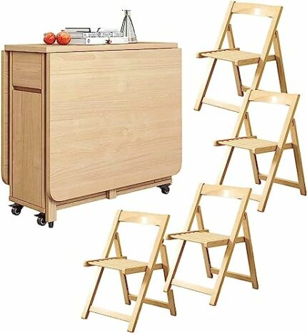 Dining Table Set, Solid Wood Drop Leaf Table, Extendable Moveable Folding Table With Wheels and 4 Chair, Saving Space, Round Edge Design, for Kit