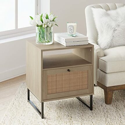 Nathan James Mina Side, End or Accent Table with Natural Rattan Storage Door for Living Room or Nightstand for Bedroom, Engineered Wood Metal, Oa