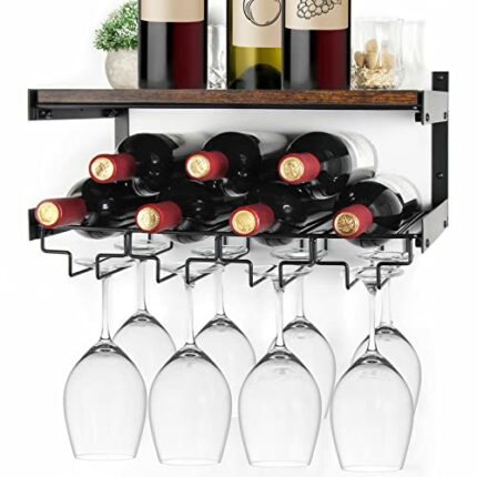 B4Life Wine Rack Wall Mounted with Stemware Rack, Glass Mounted, Holds 8 x Glasses and 7 Bottles, Industrial Holder, Black, 16.75 *9.95 *7.5 inch