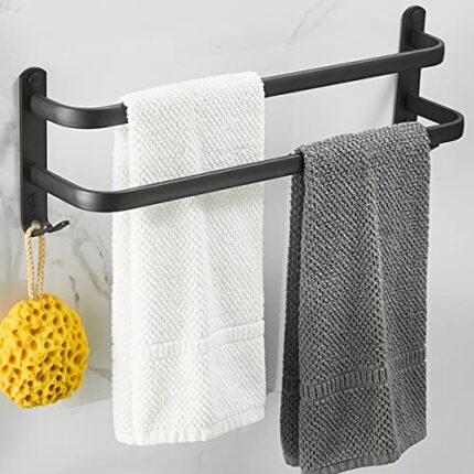Bathroom Towel Rail 40cm, Towel Rack, Black Matt Towel Rail with Towel Rails and Hook Design, Towel Holder,Ladder Towel Rack, No Drilling Require