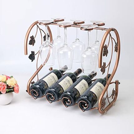 DISHENGZHEN Wine Rack 4 Bottles, Countertop Wine Bottles Holder Racks, Metal Copper Wine Glass Holder,Wine Storage Organizer Free Standing, Wine