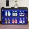 CHF DPT Sneaker Storage with LED Lights for Up To 6 Pairs of Shoes, Shoe Case Display with Glass Door, Clear Shoe Boxes Stackable and Wooden Show