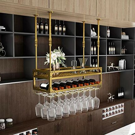 EYLINK Industrial Hanging Wine Rack With Glass Holder And Shelf, Adjustable Ceiling Bar Wine Glass Rack, 2-Layer Metal Wall Mounted Wine And Glas