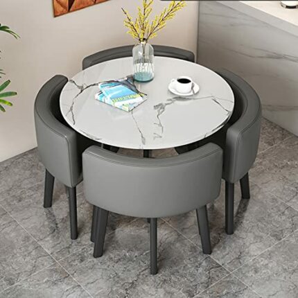 Kitchen Table and Chairs for 4, 5-Piece Compact Dining Room Table Set，DI 31/35.4INCH Faux Marble Pattern Top and 4 PU Leather Upholstered Seat, M