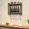 EYLINK Vintage Wine Racks Wall-Mounted, Kitchen Bar Unit Floating Shelves Rustic Wood Board Wine Bottle Holder Metal Iron Wine Glass Rack Goblet