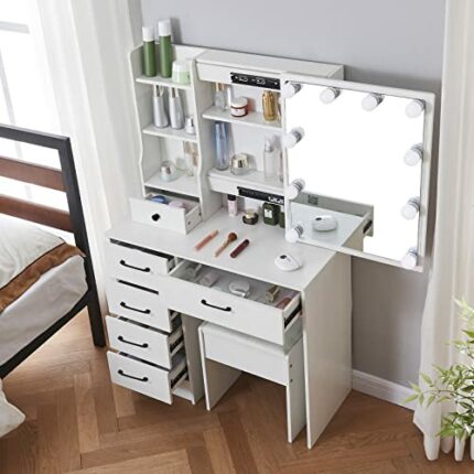Caulitar Vanity Desk with Mirror and Lights, White Makeup Vanity Set with 5 Drawers and Chair, Girls Vanity Table for Bedroom