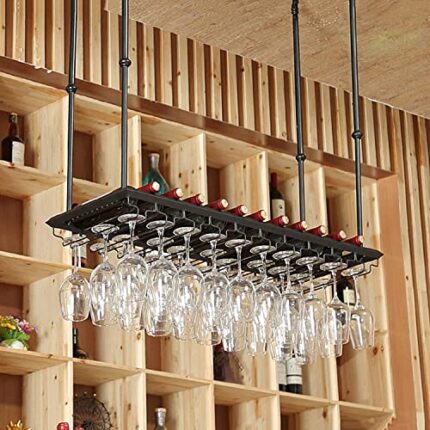 EMISOO Wine Rack Wall Mounted - Ceiling Wine Bottle Rack,Vintage Style Iron Hanging Wine Glass Holder Bar Accessories Shelving for Restaurant or