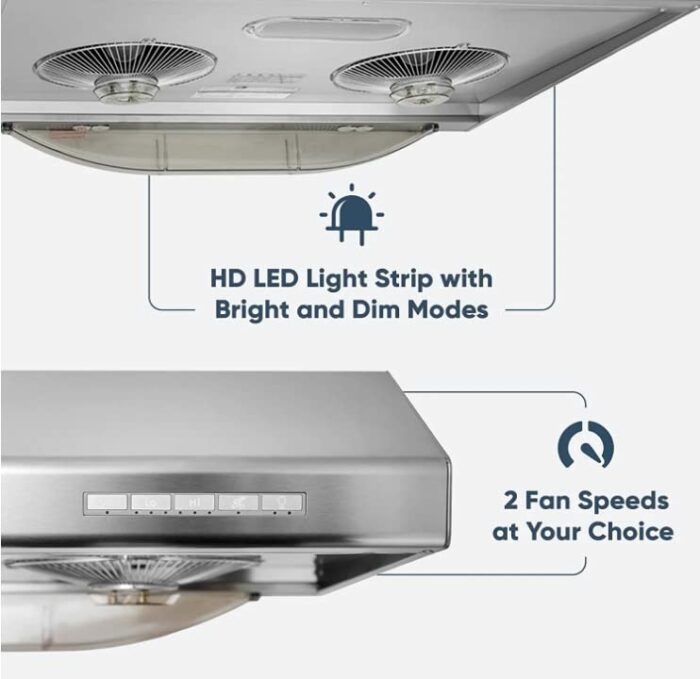Pacific Kitchen Vent Hood AC30BS – 30 Inch Under Cabinet Range Hood – Filterless Modern Stainless Steel Hood Vent with 900 CFM Suction, Dual Fans
