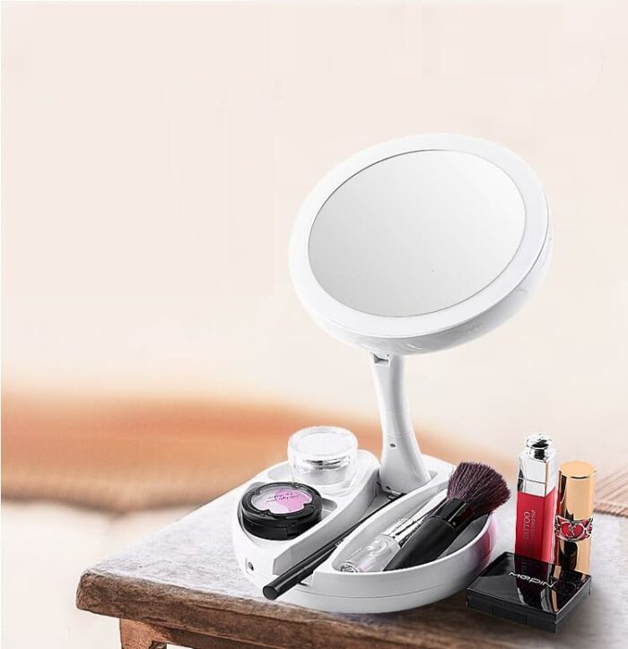 Cosmetic Mirror with LED Light and Organizer Makeup Mirror with Double Sided and 10X Magnification Mirror for Lighted Makeup, Shaving and Persona
