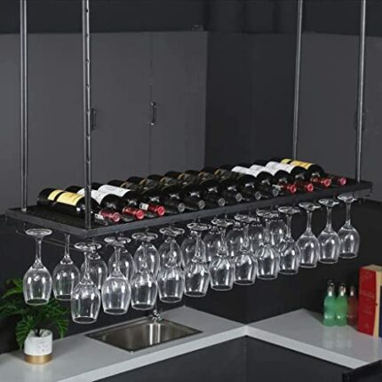 SUCHETA Wine Rack Ceiling Wine Glass Holder Hanging Iron Wine Holder Baking Paint Process Adjustable Bottle Rack Upside Down Stemware Rack Simple