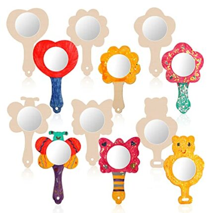 Vokmon 18pcs DIY Wood Mirror Unfinished Wooden Handled Mirrors Painting Handheld Mirrors Creative Blank Wooden Mirror for Kids DIY Wood Crafts Ar