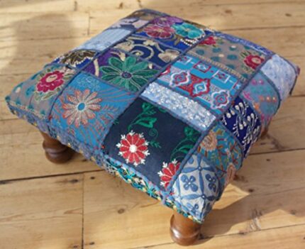 Classic Patchwork Brocade deep Blue Indian Footstool