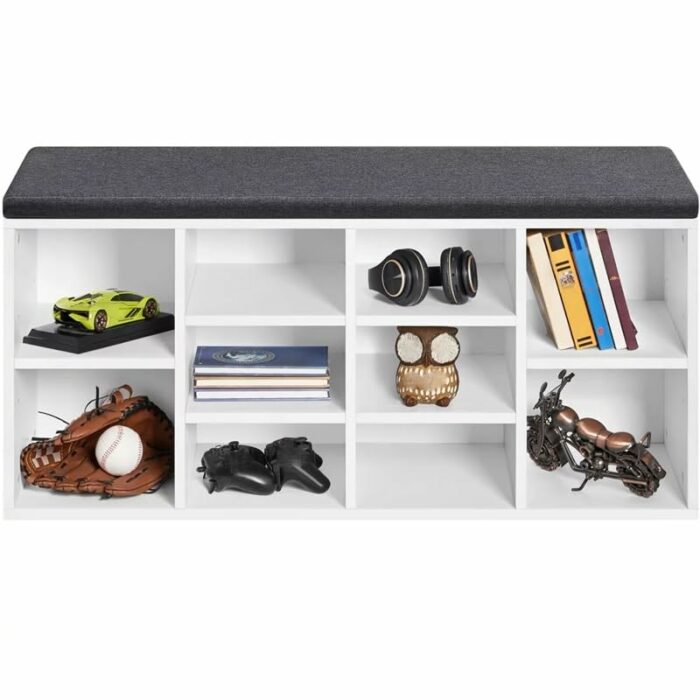 TJLSS 10 Cubbies Shoe Storage Bench Wood Foam and Fabric White Shoe Cabinets Muebles Door-to-door Shoe Cabinet